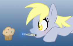 Size: 456x290 | Tagged: safe, artist:howlsinthedistance, character:derpy hooves, species:pegasus, species:pony, doctor who, female, mare, mouth hold, muffin, solo, sonic screwdriver
