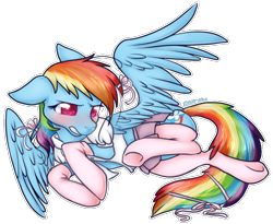 Size: 778x637 | Tagged: safe, artist:ambunny, character:rainbow dash, blushing, clothing, embarrassed, female, floppy ears, frown, gritted teeth, on side, rainbow dash always dresses in style, ribbon, skirt, solo, spread wings, stockings, underhoof, wings