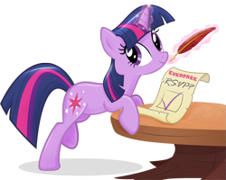 Size: 1139x909 | Tagged: safe, artist:catwhitney, character:twilight sparkle, character:twilight sparkle (unicorn), species:pony, species:unicorn, female, glowing horn, magic, mare, quill, scroll, simple background, solo, table, telekinesis