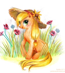 Size: 1119x1252 | Tagged: safe, artist:paulina-ap, character:applejack, clothing, female, flower, hat, sitting, solo, traditional art