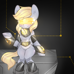 Size: 1000x1000 | Tagged: safe, artist:camellia, character:derpy hooves, species:pegasus, species:pony, blushing, cute, cyberpunk, ear fluff, eyes closed, female, hmd, mare, science fiction, sitting, smiling, solo, underhoof