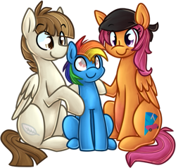 Size: 533x510 | Tagged: safe, artist:littlepinkalpaca, character:featherweight, character:scootaloo, oc, oc:rainbow blitz, parent:featherweight, parent:rainbow dash, parent:scootaloo, parent:soarin', parents:scootaweight, parents:soarindash, species:pony, adopted offspring, ask the future crusaders, bandana, blind, colt, male, not rainbow dash, offspring, older, scootaweight, shipping, simple background, straight, transparent background