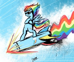 Size: 1189x1000 | Tagged: safe, artist:coin-trip39, character:rainbow dash, female, missile, rainbow, riding, rocket, solo, sunglasses