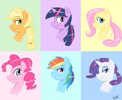 Size: 1261x1032 | Tagged: safe, artist:coin-trip39, character:applejack, character:fluttershy, character:pinkie pie, character:rainbow dash, character:rarity, character:twilight sparkle, alternate hairstyle, head, mane six, ponytail, profile, pun