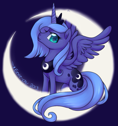 Size: 675x720 | Tagged: safe, artist:ambunny, character:princess luna, species:alicorn, species:pony, crescent moon, female, looking at you, moon, s1 luna, smiling, solo, spread wings, tangible heavenly object, wings