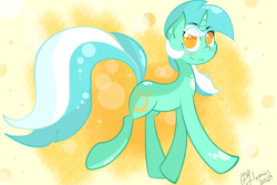Size: 1024x685 | Tagged: safe, artist:llamaswithkatanas, character:lyra heartstrings, species:pony, species:unicorn, female, looking up, mare, signature, smiling, solo, walking