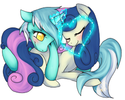 Size: 960x768 | Tagged: safe, artist:ambunny, character:bon bon, character:lyra heartstrings, character:sweetie drops, species:earth pony, species:pony, species:unicorn, ship:lyrabon, blushing, eyes closed, female, heart, lesbian, magic, shipping, simple background, transparent background