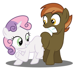 Size: 950x888 | Tagged: safe, artist:jcking101, edit, character:button mash, character:sweetie belle, butt bump, butt to butt, butt touch, female, male, no tail, recolor, shipping, straight, sweetiemash