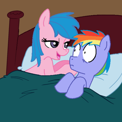 Size: 500x499 | Tagged: safe, artist:jcking101, artist:madmax, edit, character:firefly, character:rainbow blaze, species:pony, ship:fireblaze, g1, aftersex ponies, bed, female, implied sex, male, morning after, pillow, recolor, shipping, straight, surprised, wide eyes