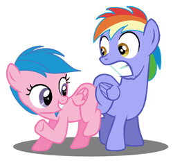 Size: 962x904 | Tagged: safe, artist:jcking101, edit, character:firefly, character:rainbow blaze, species:pony, ship:fireblaze, g1, butt bump, butt to butt, butt touch, colt, filly, male, no tail, shipping, smiling
