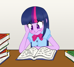 Size: 870x788 | Tagged: safe, artist:howlsinthedistance, character:twilight sparkle, my little pony:equestria girls, blushing, book, female, solo, studying, table