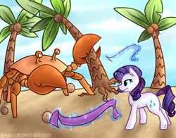 Size: 700x550 | Tagged: safe, artist:littlepinkalpaca, character:rarity, species:crab, species:pony, species:unicorn, coconut, coconut tree, duo, fabric, female, giant crab, magic, mare, palm tree, rarity fighting a giant crab, telekinesis, tree