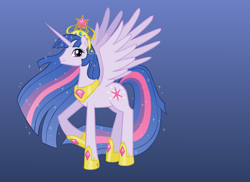 Size: 900x655 | Tagged: safe, artist:princesschuchi, character:twilight sparkle, character:twilight sparkle (alicorn), species:alicorn, species:pony, big crown thingy, blue background, female, hilarious in hindsight, hoof shoes, jewelry, mare, peytral, princess, princess twilight 2.0, regalia, simple background, solo, spread wings, ultimate twilight, wings