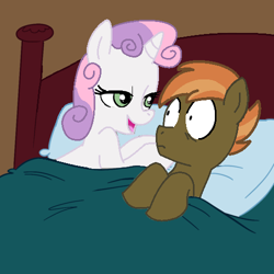 Size: 500x500 | Tagged: safe, artist:jcking101, artist:madmax, edit, character:button mash, character:sweetie belle, species:pony, female, implied sex, male, morning after, older, pillow, shipping, straight, surprised, sweetiemash, wide eyes
