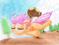Size: 2400x1843 | Tagged: safe, artist:kzksm, character:scootaloo, crying, eyes closed, falling, floppy ears, fluttering, flying, goggles, kiwi!, messy mane, parody, scootaloo can fly, smiling, traditional art, tree