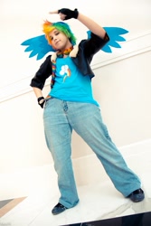 Size: 567x850 | Tagged: safe, artist:residentexorcist, artist:zippyc, character:rainbow dash, species:human, bomber jacket, clothing, fingerless gloves, gloves, goggles, irl, irl human, jeans, katsucon, photo, solo