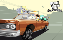 Size: 12000x7626 | Tagged: dead source, safe, artist:medio-cre, character:bon bon, character:derpy hooves, character:lyra heartstrings, character:sweetie drops, species:pegasus, species:pony, absurd resolution, ak-47, badass, blackletter, bling, car, clothing, crossover, drive-by, driving, dual wield, female, grand theft auto, gta san andreas, gun, mare, micro uzi, muffin, parody, plane, ponified, shooting, vector, video game, who needs trigger fingers