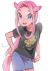 Size: 620x877 | Tagged: safe, artist:karashim, character:pinkamena diane pie, character:pinkie pie, species:human, clothing, cute, cuteamena, eared humanization, eye clipping through hair, female, humanized, light skin, looking at you, muffin, pixiv, solo, t-shirt, tailed humanization