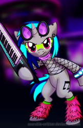 Size: 582x900 | Tagged: safe, artist:scorchie-critter, character:dj pon-3, character:vinyl scratch, species:pony, bipedal, female, keytar, musical instrument, solo