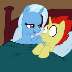 Size: 500x499 | Tagged: safe, artist:jcking101, artist:madmax, edit, character:trixie, oc, species:pony, aftersex ponies, bed, bedroom eyes, blanket, canon x oc, female, frown, implied sex, male, morning after, pillow, sethisto, shipping, smiling, straight, surprised, wide eyes