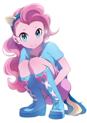 Size: 620x877 | Tagged: safe, artist:karashim, character:pinkie pie, my little pony:equestria girls, blue eyes, boots, clothing, cute, diapinkes, explicit source, female, long hair, looking at you, miniskirt, pixiv, skirt, solo, squatting, wavy mane, wondercolts, wondercolts uniform