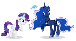 Size: 1393x744 | Tagged: safe, artist:catwhitney, character:princess luna, character:rarity, species:alicorn, species:pony, species:unicorn, brushie, female, glowing horn, hairbrush, magic, mare, raised hoof, simple background, telekinesis