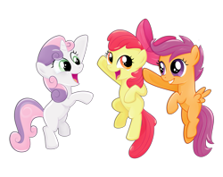 Size: 1253x993 | Tagged: safe, artist:catwhitney, character:apple bloom, character:scootaloo, character:sweetie belle, species:earth pony, species:pegasus, species:pony, species:unicorn, g4, cutie mark crusaders, female, filly, happy, jumping, simple background, transparent background
