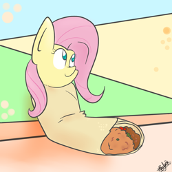 Size: 1000x1000 | Tagged: safe, artist:php120, character:fluttershy, blanket burrito, burrito, female, food, food pony, original species, solo, wat