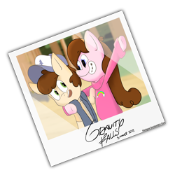 Size: 5500x5500 | Tagged: safe, artist:php120, absurd resolution, braces, clothing, dipper pines, gravity falls, happy, hat, mabel pines, photo, picture, polaroid, ponified, siblings, smiling