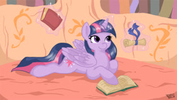 Size: 1024x577 | Tagged: dead source, safe, artist:veritasket, character:twilight sparkle, character:twilight sparkle (alicorn), species:alicorn, species:pony, book, female, golden oaks library, library, magic, mare, scroll, solo