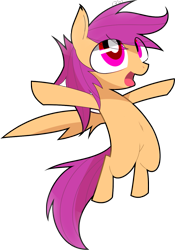 Size: 911x1304 | Tagged: dead source, safe, artist:aurura, character:scootaloo, species:pegasus, species:pony, blank flank, female, filly, flying, open mouth, scootaloo can fly, simple background, solo, spread wings, transparent background, wings