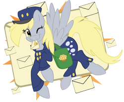 Size: 1092x901 | Tagged: safe, artist:cluttercluster, character:derpy hooves, species:pegasus, species:pony, bag, clothing, female, hat, letter, mare, mouth hold, solo, uniform, wink