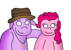 Size: 1000x700 | Tagged: safe, artist:pewdie-pinkiepie, oc, oc only, oc:clarance, species:earth pony, species:pony, species:unicorn, canon x oc, clarence, clothing, cross, fedora, hat, necklace, religion, shipping, wat, why