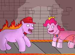 Size: 1024x749 | Tagged: safe, artist:pewdie-pinkiepie, oc, oc:clarance, species:earth pony, species:pony, 1000 hours in ms paint, canon x oc, clarence, clothing, cross, crossover, crown, dress, failed 4chan troll, hat, mario, ms paint, necklace, obvious troll, princess peach, religion, shipping, super mario bros., tiara, troll, wat, why