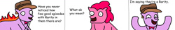Size: 1024x181 | Tagged: safe, artist:pewdie-pinkiepie, character:pinkie pie, character:rarity, oc, oc:clarance, 1000 hours in ms paint, bow tie, clarence, clothing, comic, comic sans, duo, fedora, hat, joke, ms paint, necklace, text, wat