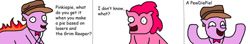 Size: 1024x181 | Tagged: safe, artist:pewdie-pinkiepie, character:pinkie pie, oc, oc:clarance, 1000 hours in ms paint, bow tie, clarence, clothing, comic, comic sans, duo, fedora, hat, joke, ms paint, necklace, pewdiepie, text, wat