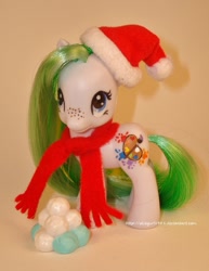 Size: 977x1264 | Tagged: safe, artist:okiegurl1981, oc, oc only, species:earth pony, species:pony, brushable, clothing, custom, freckles, hat, irl, photo, santa hat, scarf, snow, snowball, toy