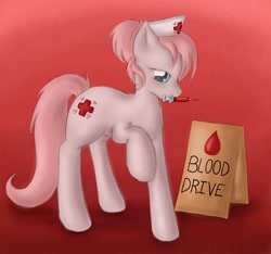 Size: 800x750 | Tagged: safe, artist:spectralpony, character:nurse redheart, species:earth pony, species:pony, blood, blood drive, female, mare, needle, sign, syringe