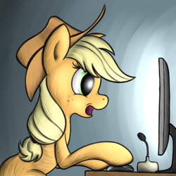Size: 1700x1700 | Tagged: safe, artist:zirbronium, character:applejack, computer, female, solo