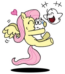Size: 271x310 | Tagged: safe, artist:chocend, character:fluttershy, species:pegasus, species:pony, boo (super mario), crack shipping, crossover, crossover shipping, cute, female, ghost, heart, hug, mare, shipping, simple background, super mario bros., sweat, sweatdrop, trio, white background