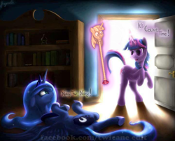 Size: 720x580 | Tagged: safe, artist:angerelic, artist:thepatrollpl, edit, character:princess luna, character:twilight sparkle, abuse, backlighting, door, floppy ears, goofy time, lunabuse, magic, meme, on side, open mouth, palindrome get, parody, rearing, scared, smiling, telekinesis, twilight scepter, wide eyes