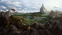 Size: 1920x1080 | Tagged: safe, artist:anttosik, character:gilda, species:griffon, canterlot, canterlot mountain, female, looking back, looking over shoulder, mountain, painting, ponyville, ponyville town hall, scenery, solo