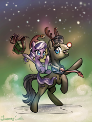 Size: 1536x2048 | Tagged: safe, artist:almaska, character:diamond tiara, character:filthy rich, species:earth pony, species:pony, christmas, clothing, costume, cute, diamondbetes, equestria's best father, father and daughter, hat, open mouth, ponies riding ponies, present, rearing, red nose, reindeer antlers, rudolph the red nosed reindeer, santa hat, smiling