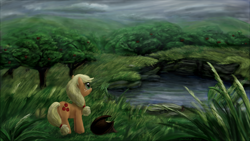 Size: 1920x1080 | Tagged: safe, artist:anttosik, character:applejack, female, scenery, solo, sweet apple acres, wind