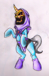 Size: 558x864 | Tagged: safe, artist:benrusk, species:pony, species:unicorn, cowl, he-man, hood, looking at you, ponified, rearing, skeletor, solo, traditional art