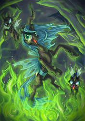 Size: 800x1132 | Tagged: safe, artist:kaceymeg, character:queen chrysalis, species:changeling, changeling queen, female, fire, green fire