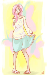 Size: 563x890 | Tagged: safe, artist:coin-trip39, character:fluttershy, species:human, clothing, female, humanized, light skin, sandals, skirt, solo