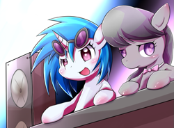 Size: 809x596 | Tagged: safe, artist:raibo, character:dj pon-3, character:octavia melody, character:vinyl scratch, species:earth pony, species:pony, species:unicorn, ship:scratchtavia, bow tie, female, frown, leaning, lesbian, open mouth, pixiv, shipping, smiling
