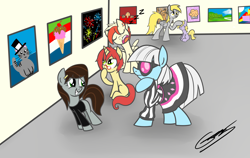 Size: 1900x1200 | Tagged: safe, artist:gearholder, character:derpy hooves, character:dinky hooves, character:photo finish, oc, unnamed oc, species:earth pony, species:pegasus, species:pony, species:unicorn, art gallery, female, filly, glasses, kilroy, kilroy was here, mare, sleeping, zzz