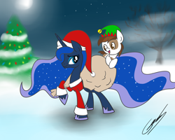 Size: 2500x2000 | Tagged: safe, artist:gearholder, character:pipsqueak, character:princess luna, ship:lunapip, christmas tree, clothing, female, hat, male, santa costume, santa hat, shipping, snow, straight, tree